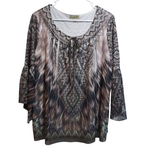 One World Neutral Women's Bohemian Patterned Top Bell Sleeve Size XL - Picture 1 of 8